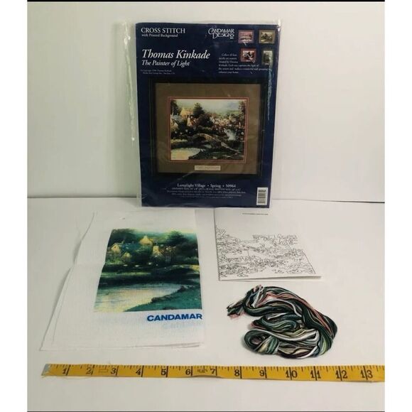vintage thomas kinkade cross stitch kit with painted background lamp light villa - Picture 7 of 7